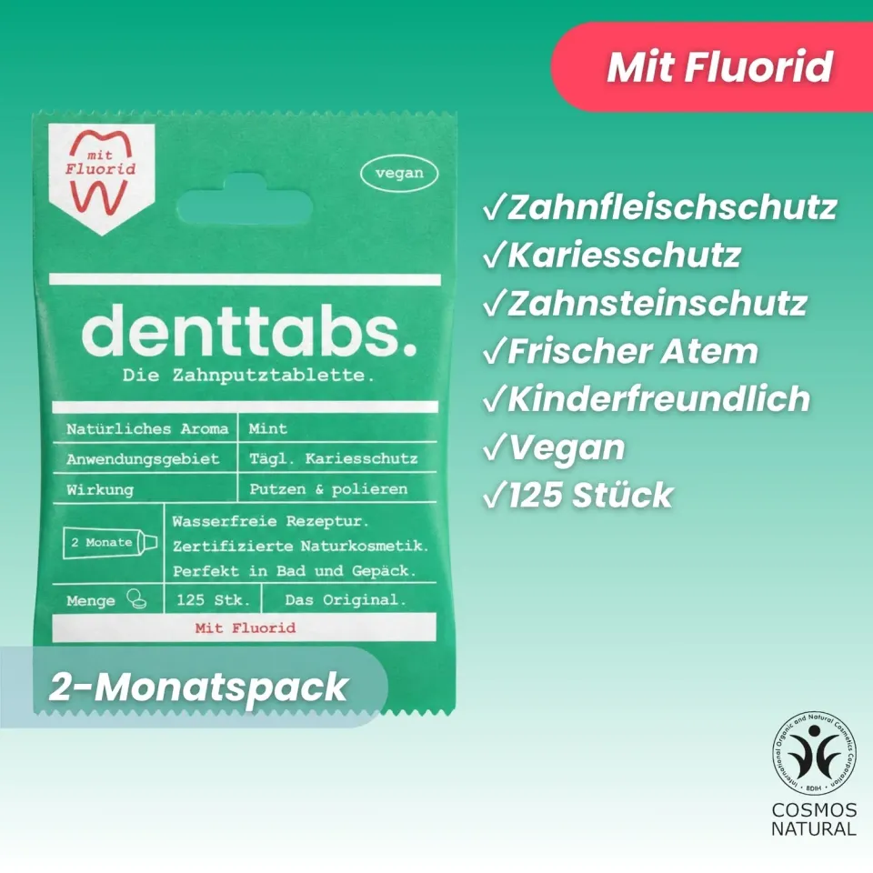 DENTTABS tandpastatabletter mint med fluor 125 stk 1450ppm