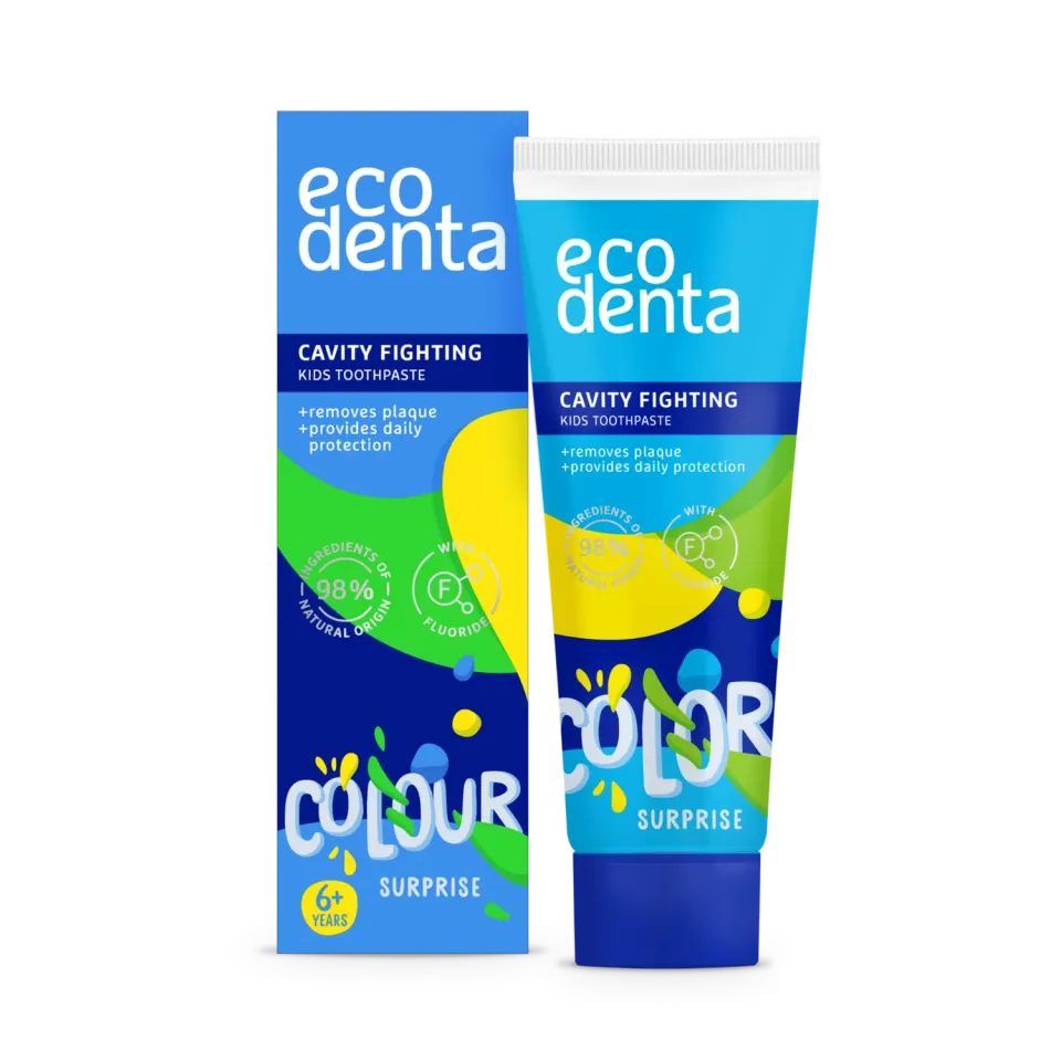 Ecodenta børnetandpasta melon 75 ml overraskelsesfarve mod huller