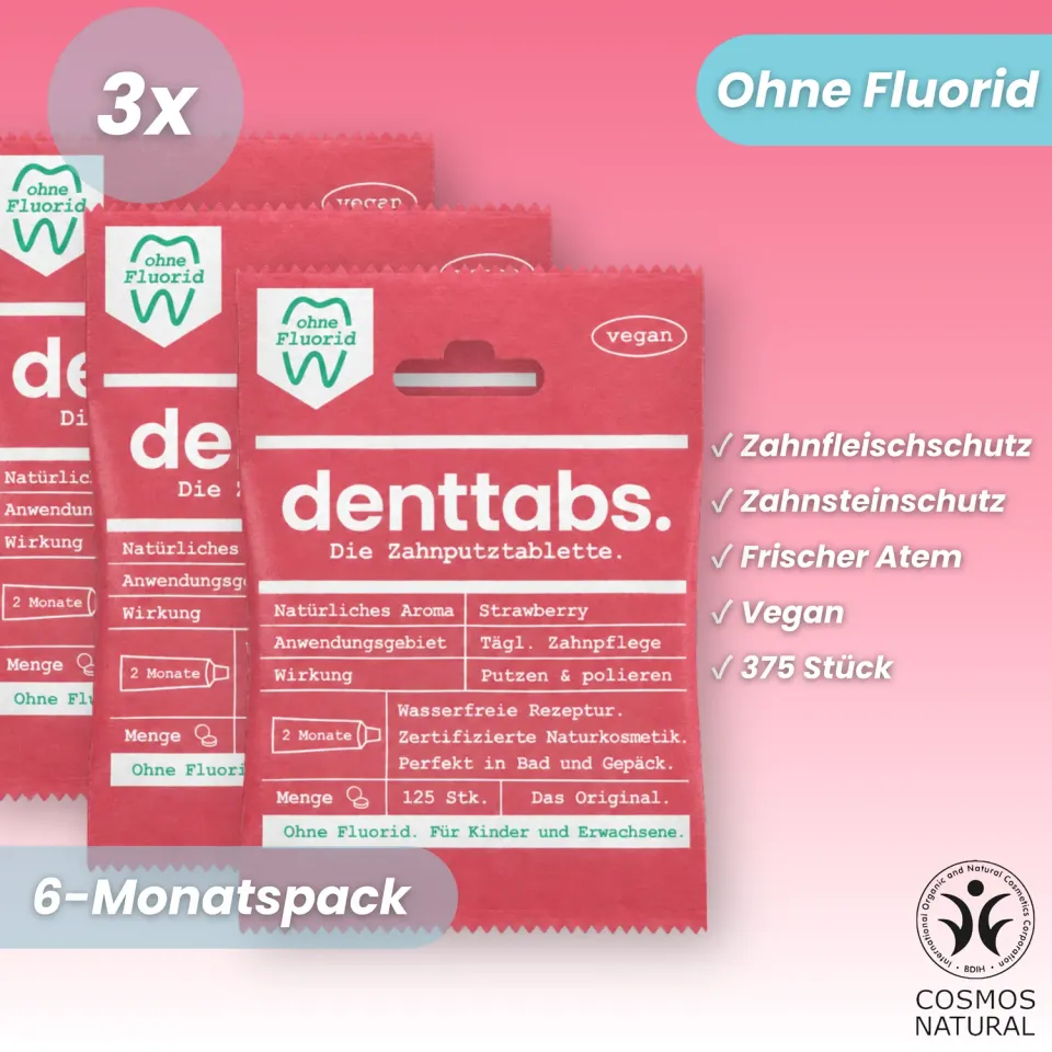 DENTTABS Strawberry tandpastatabletter uden fluor 375 stk jordbær