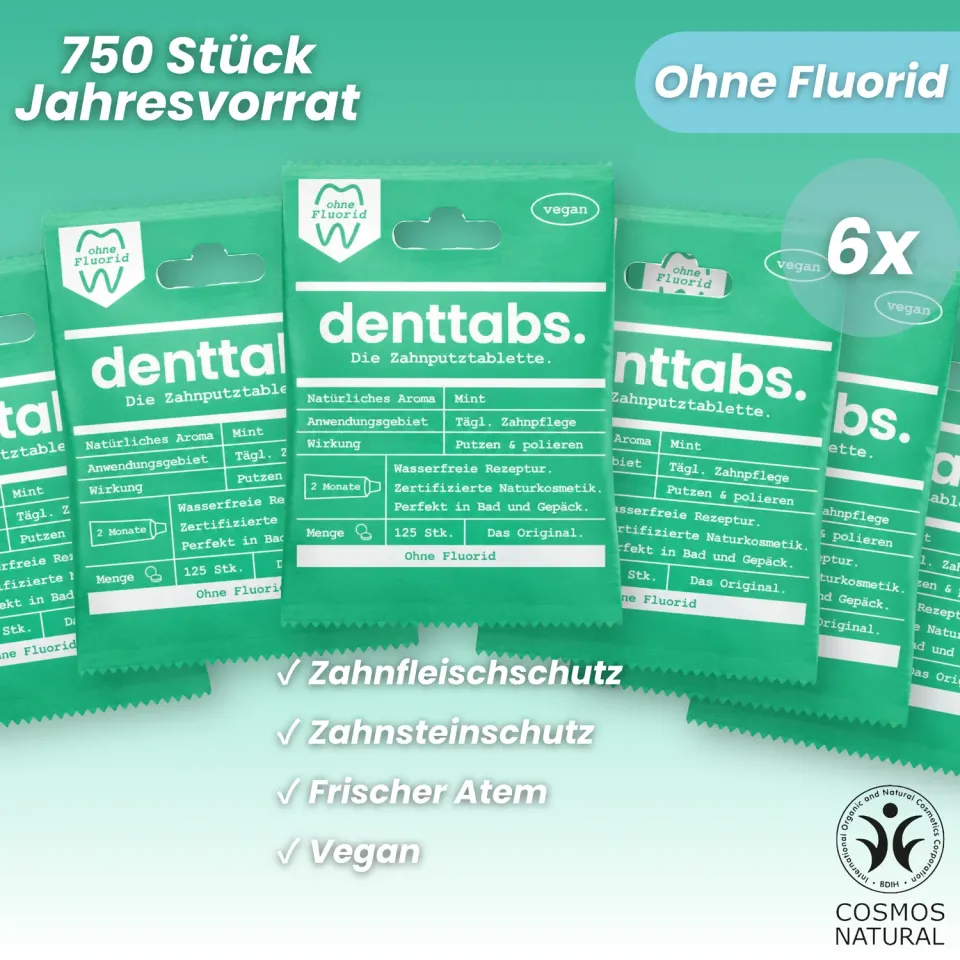 DENTTABS tandpastatabletter mint uden fluor 750 stk mild