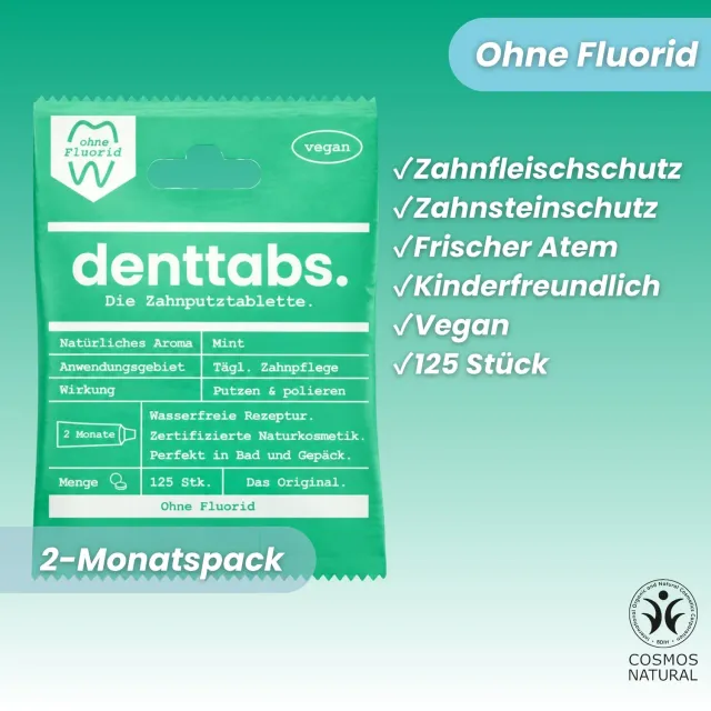 DENTTABS tandpastatabletter mint uden fluor 125 stk mild