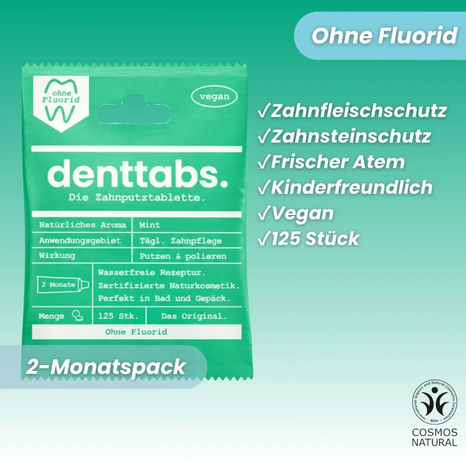 DENTTABS tandpastatabletter mint uden fluor 125 stk mild