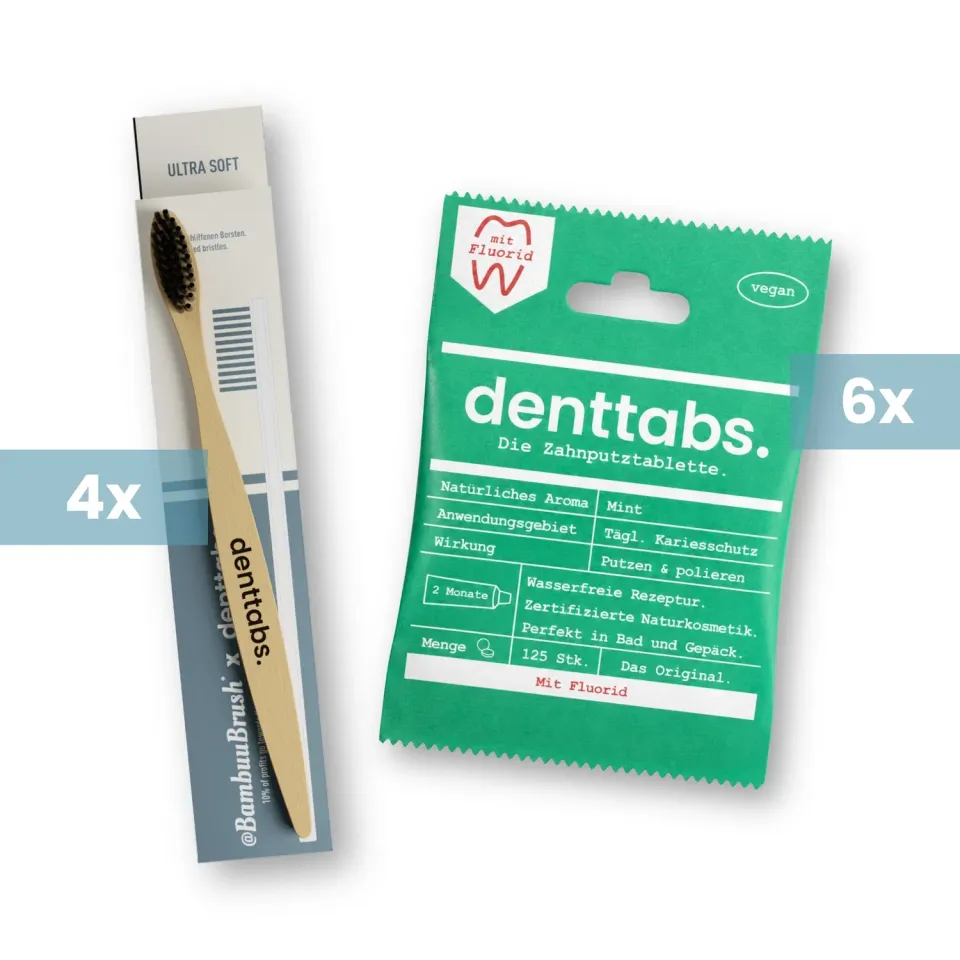 DENTTABS Yearly Set tandpastatabletter 750 stk + 4 børster