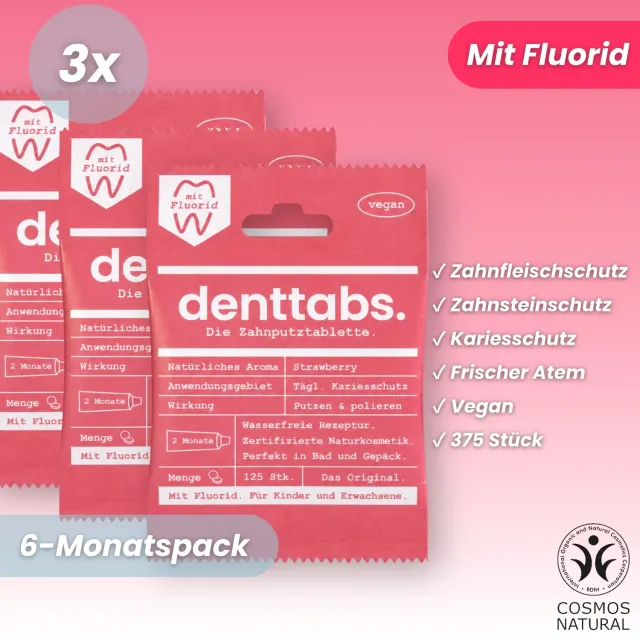 DENTTABS Strawberry tandpastatabletter med fluor 375 stk jordbær