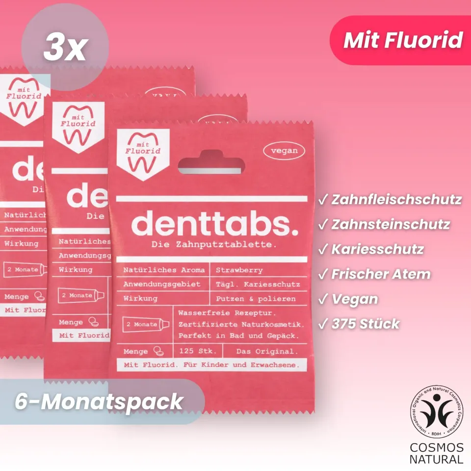 DENTTABS Strawberry tandpastatabletter med fluor 375 stk jordbær