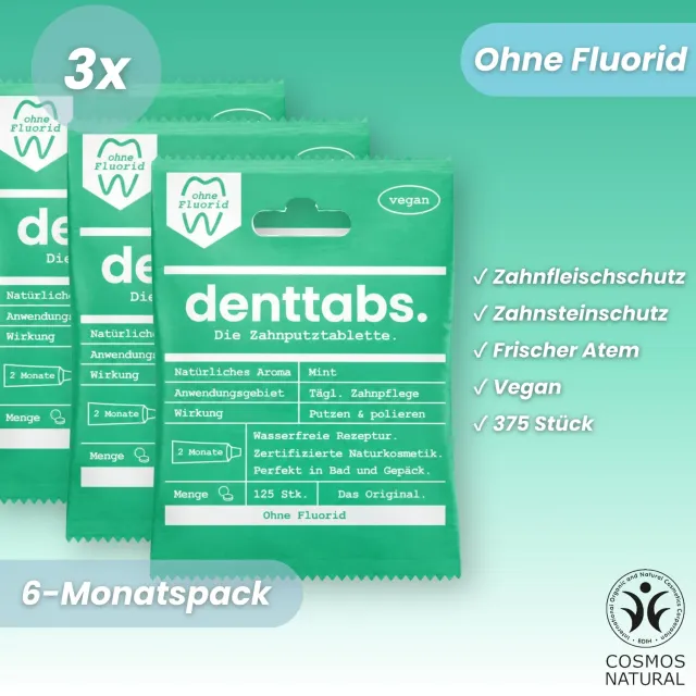 DENTTABS tandpastatabletter mint uden fluor 375 stk mild