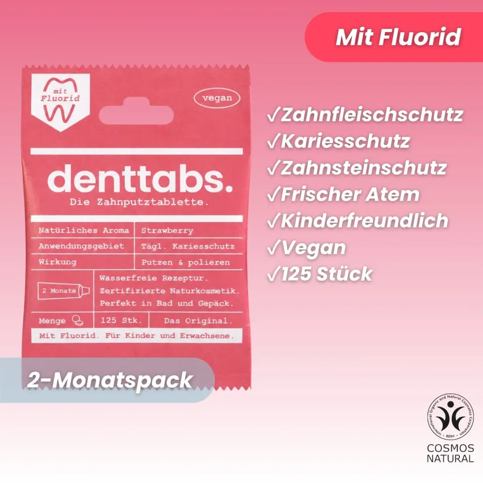 DENTTABS Strawberry tandpastatabletter med fluor 125 stk jordbær