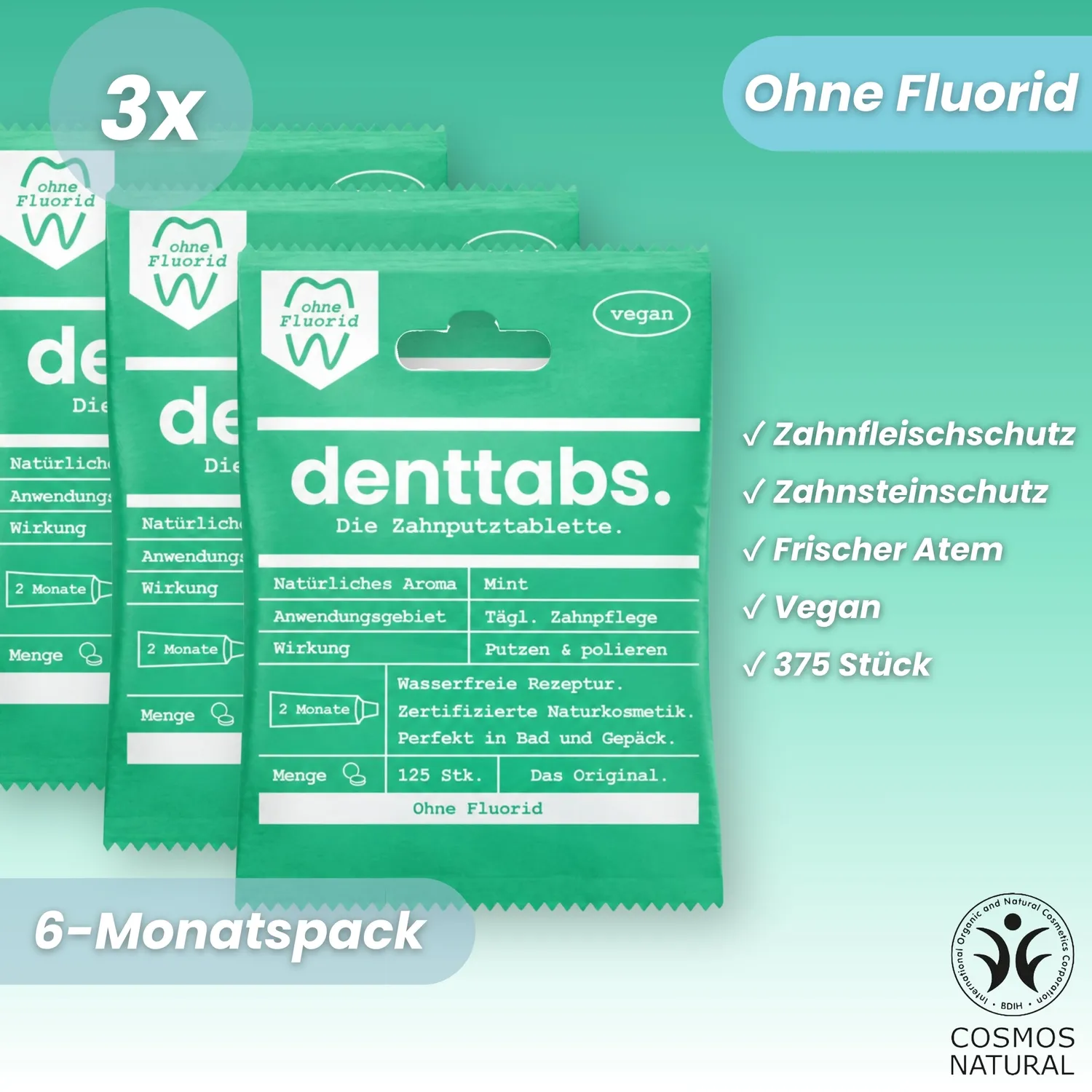 DENTTABS tandpastatabletter mint uden fluor 750 stk mild