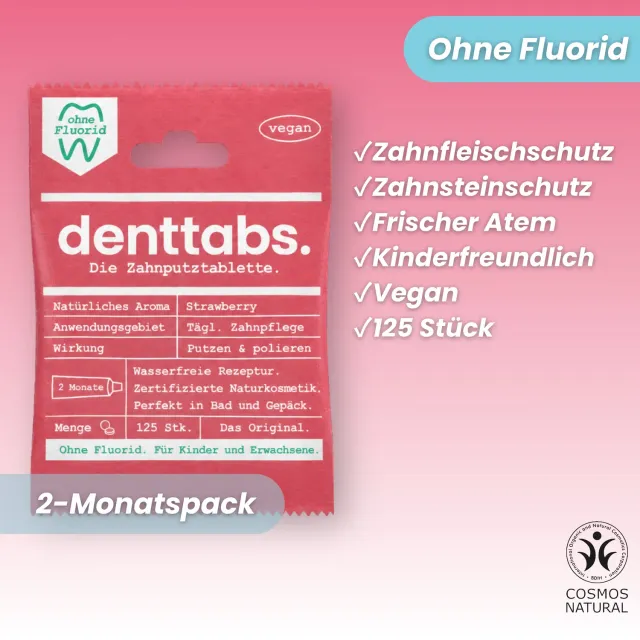 DENTTABS Strawberry tandpastatabletter uden fluor 125 stk jordbær