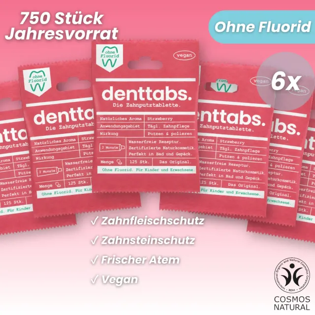 DENTTABS Strawberry tandpastatabletter uden fluor 750 stk jordbær