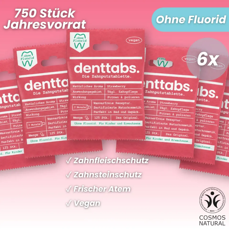 DENTTABS Strawberry tandpastatabletter uden fluor 750 stk jordbær