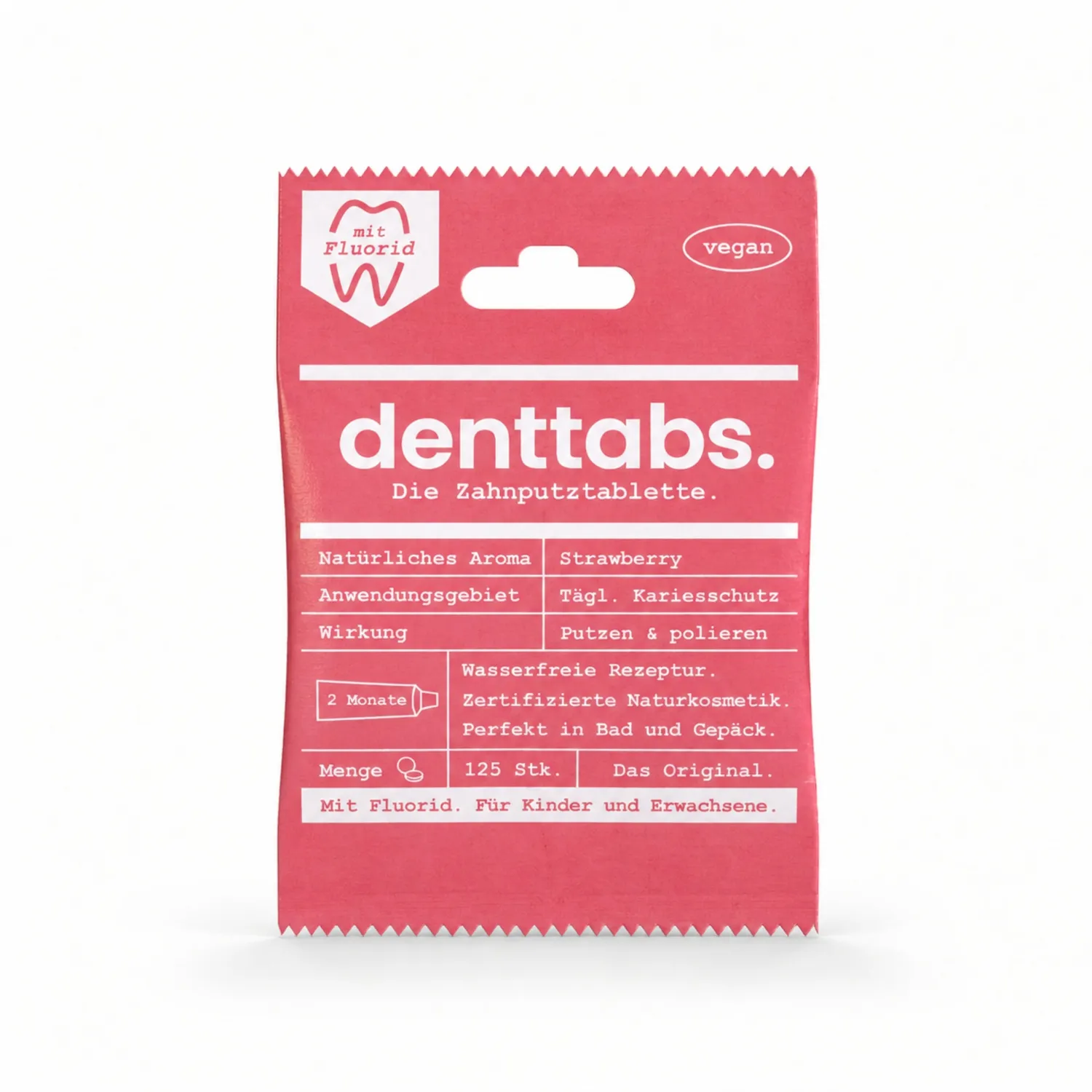 DENTTABS Strawberry tandpastatabletter med fluor 125 stk jordbær